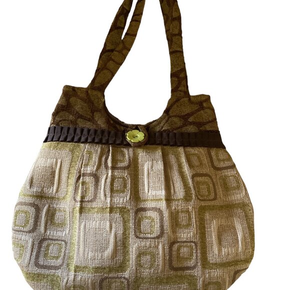 Handcrafted Green Brown Recycled Upholstery Fabric Purse w/Button Closure - Picture 1 of 8